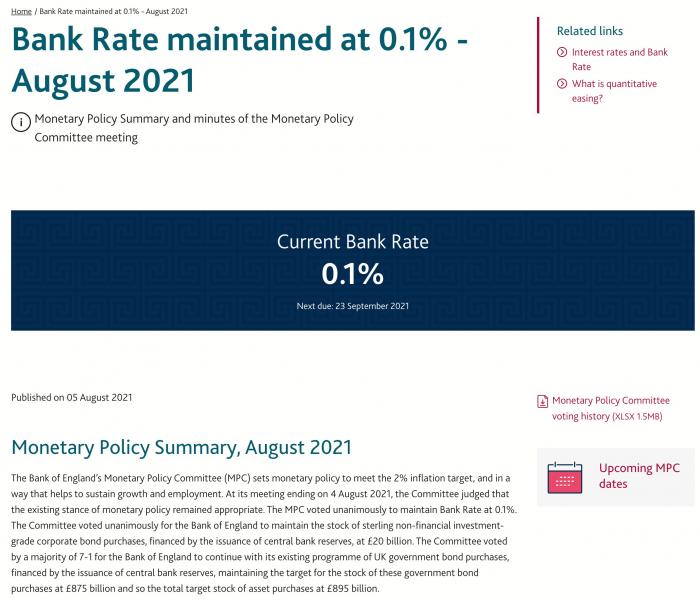 英国央行维持利率不变 但投票结果出乎市场意料