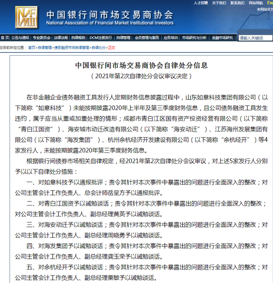 交易商协会发布7份自律处分信息 多数涉及定期财务披露违规