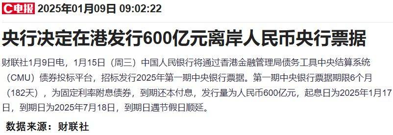 央行在港发行今年第一期600亿元离岸央票 创下历史最大单次发行规模