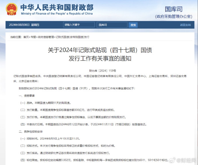 财政部拟发行550亿元182天贴现债